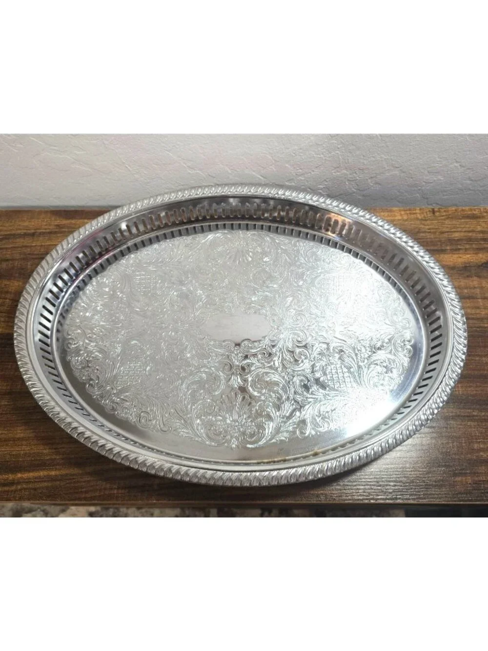 Vintage Irvinware Silver Oval Serving Tray Etched Design & Reticulated 16